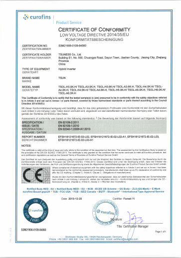Китай King Sun Energy Technology (Suzhou) Co., Ltd.  Сертификаты